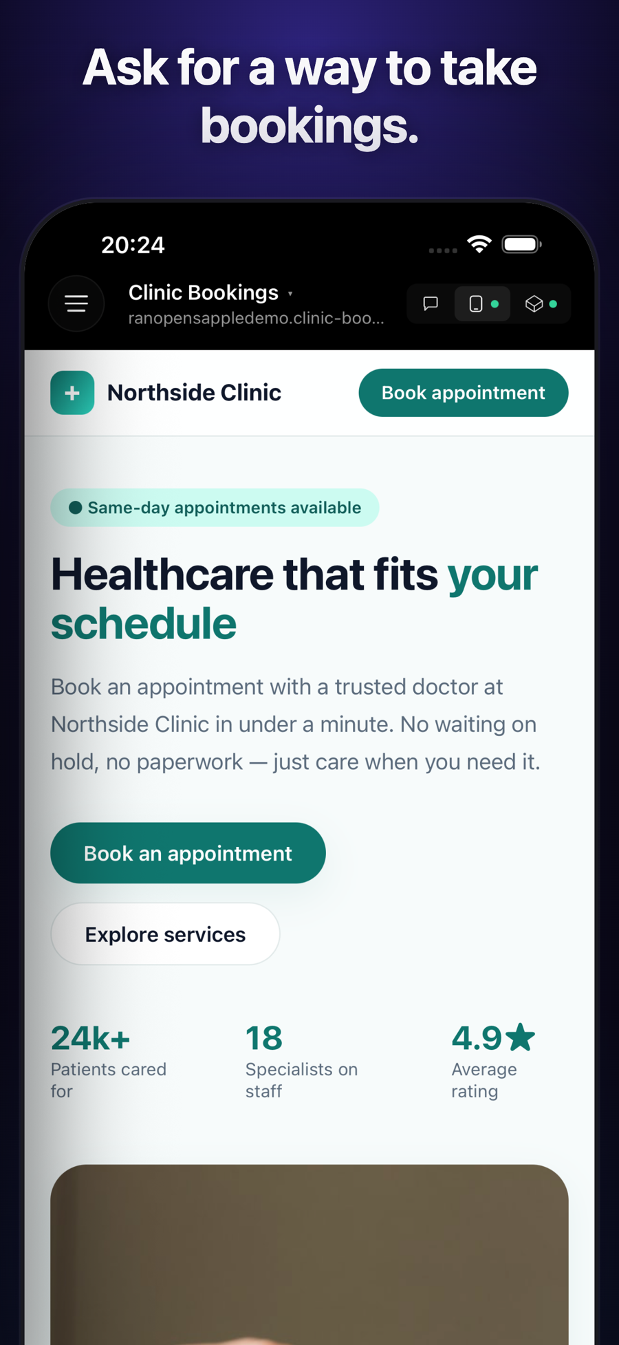 A clinic booking app built with Hope, running on iPhone