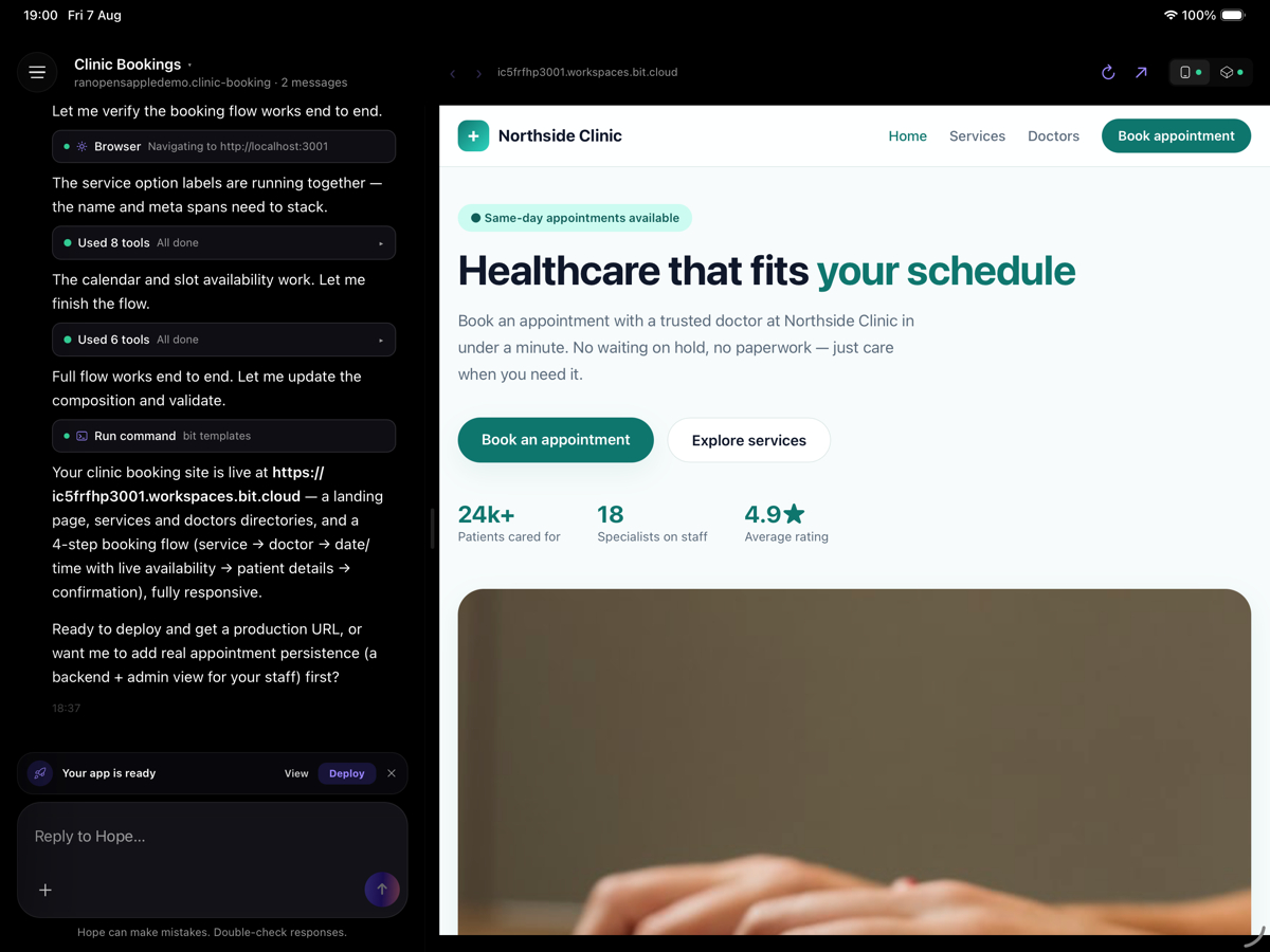 A clinic booking app built with Hope, running on iPad