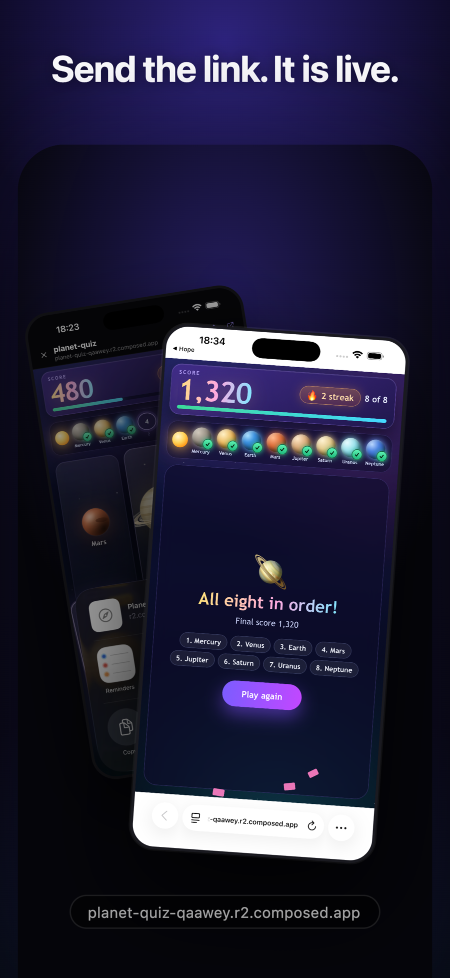 A finished app opened from its public URL in a mobile browser