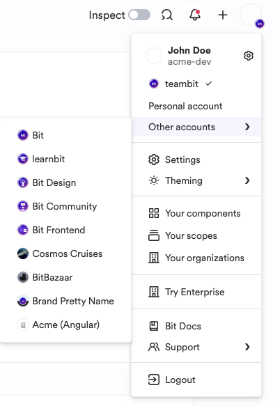 Organization selection menu