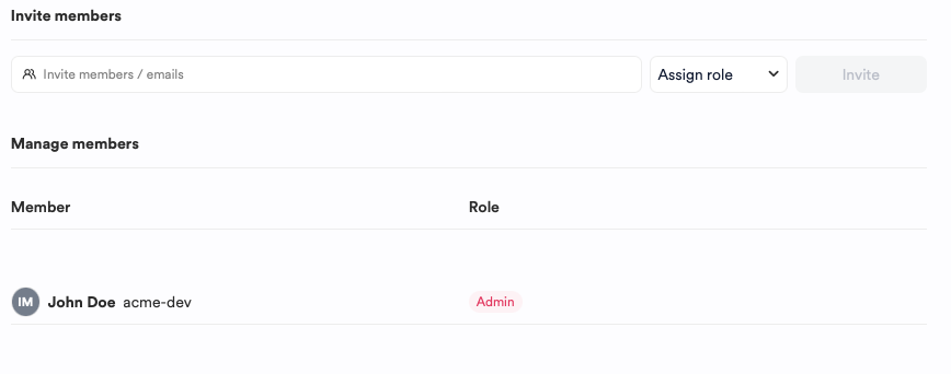 Organization members and invite interface